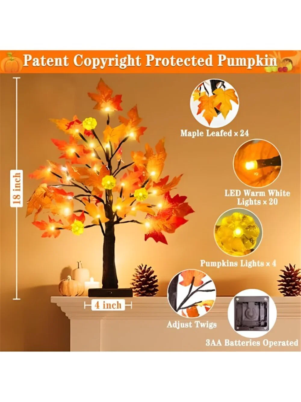 Fall Decor 2 Pack 18 Inch Prelit Fall Maple Tree 48 LEDs Timer